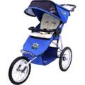 Blue jogging stroller with canopy.