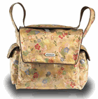 Baby diaper bag in tan with flowers.